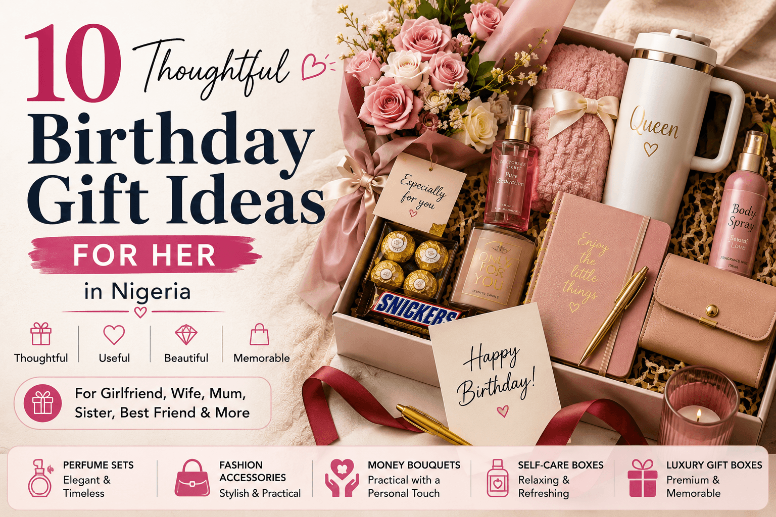Styled birthday gift box for her in Nigeria with flowers, perfume, body spray, journal, purse, chocolates, and self-care items.