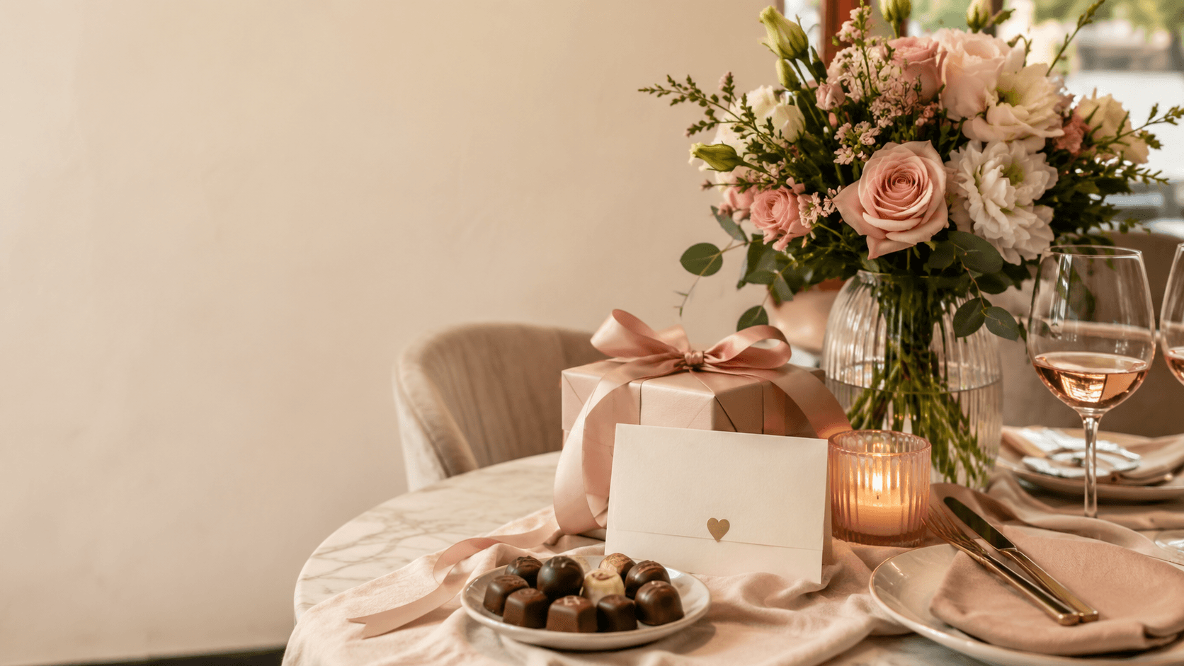 Romantic National Girlfriend Day table setup with flowers, wrapped gift box, greeting card, chocolates, candle, and elegant dinner setting.