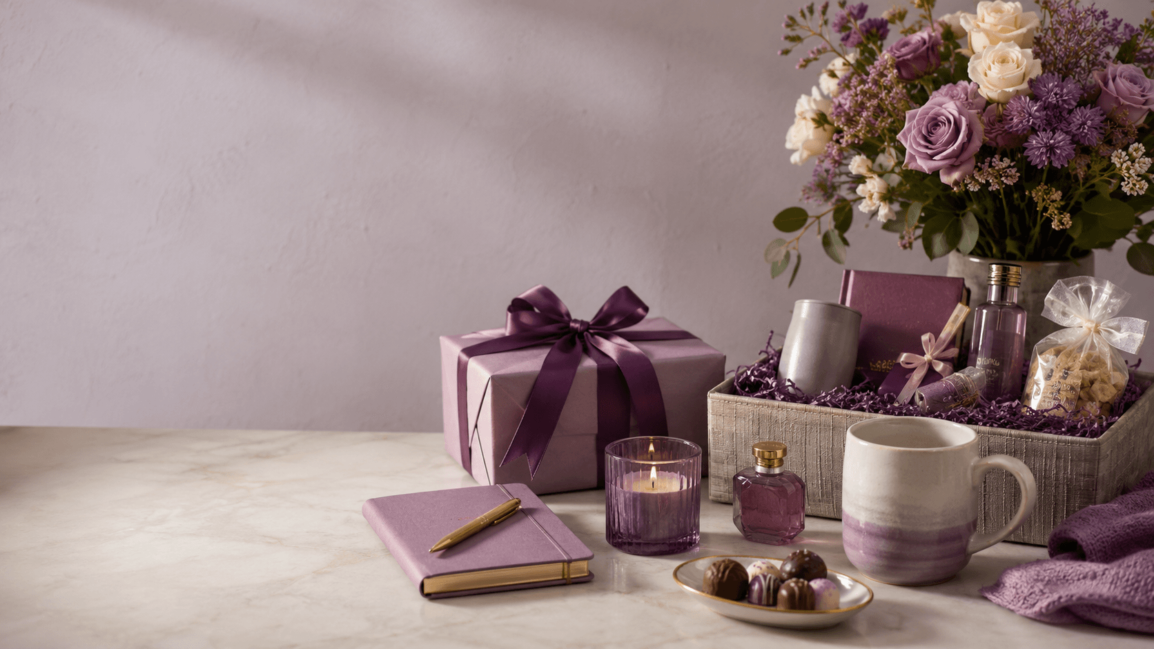 Purple-themed gift arrangement with flowers, wrapped gift box, hamper, candle, mug, journal, perfume, and chocolates for a Nigerian gift guide.