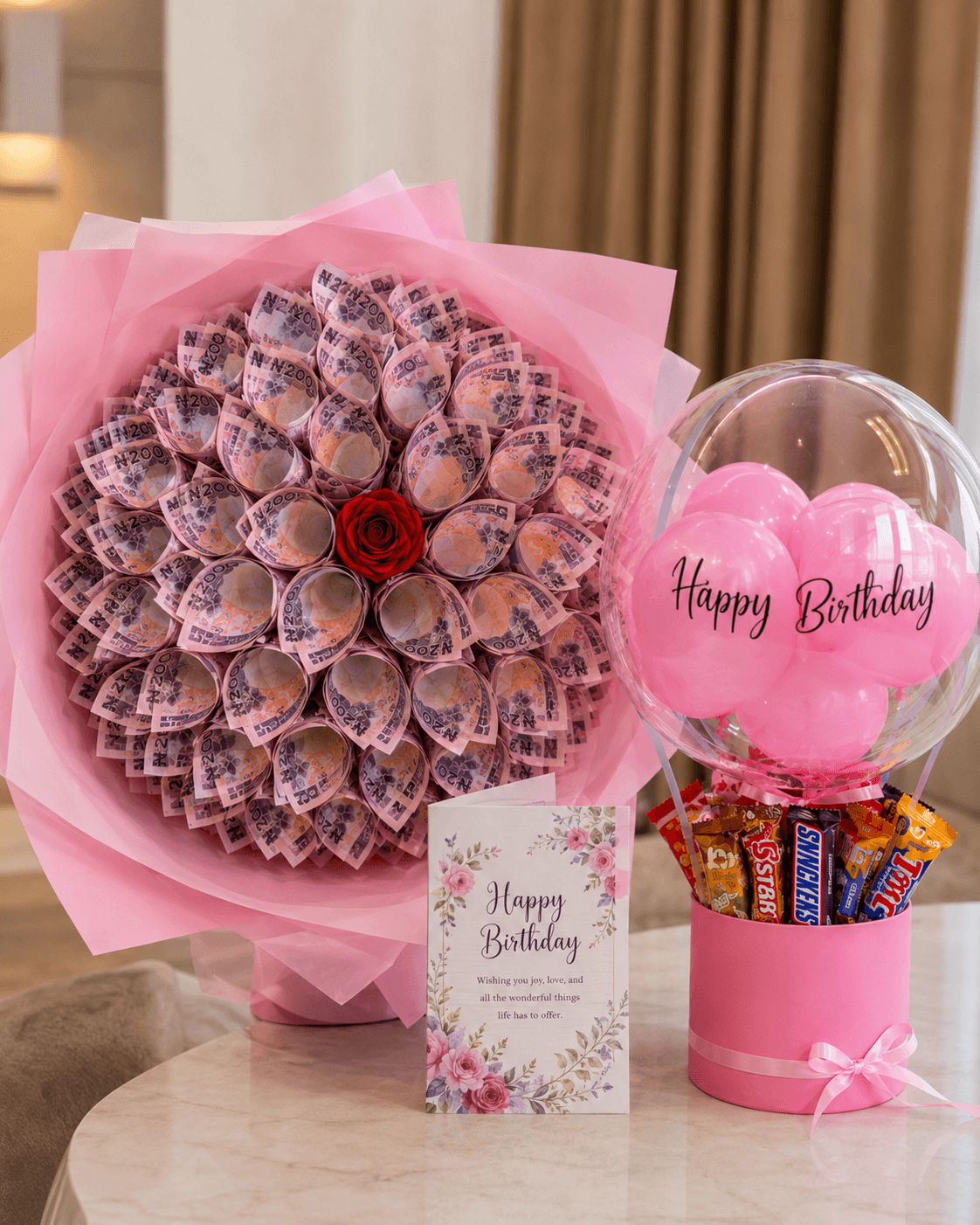 Trelluna ₦20,000 money bouquet with hot air balloon treats and customized card