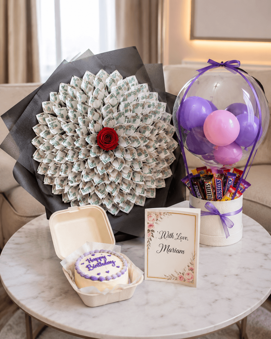 Trelluna ₦50,000 money bouquet with hot air balloon treats, bento cake and customized card