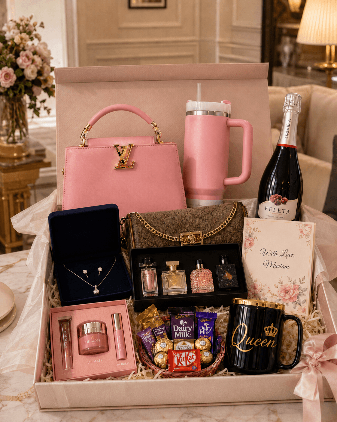 Trelluna luxury female gift box with handbag, purse, Stanley sippy cup, jewelry set, perfume set, chocolates, customized mirror mug, lip care set, card and decor box