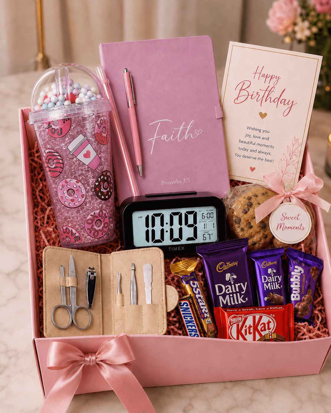 Trelluna For Her gift box with sippy cup, alarm clock, customized journal, mini manicure set, chocolate, cookies, card and decor box