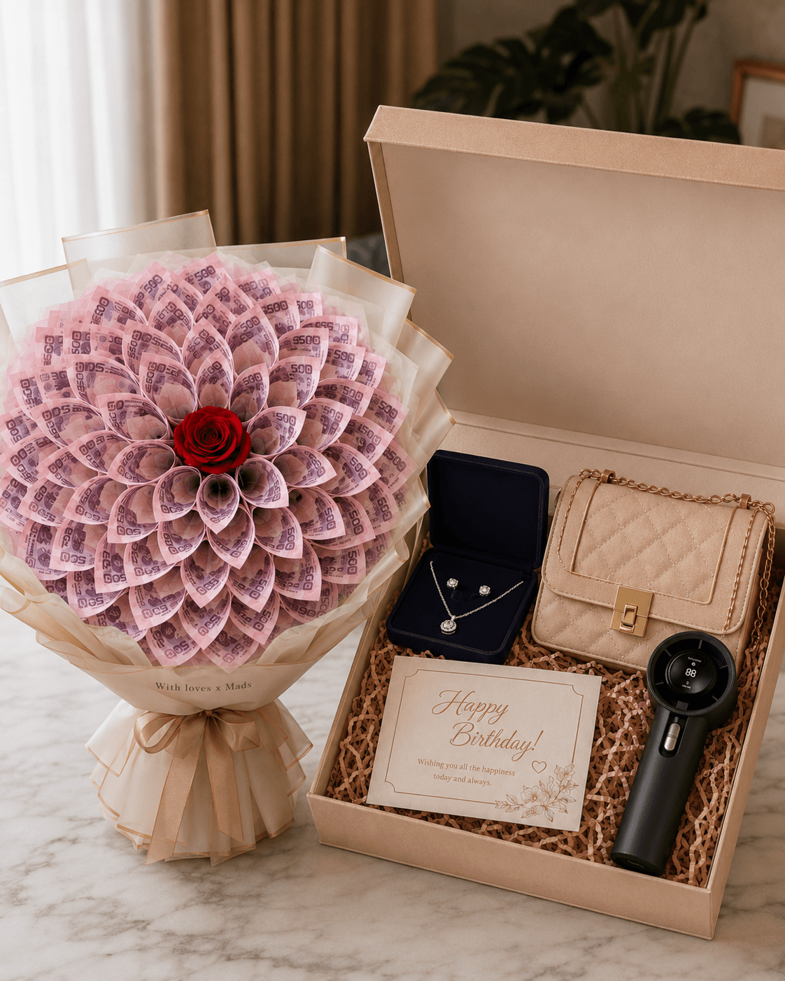 Trelluna For Her ₦20,000 money bouquet with rose, jewelry, fashion handbag, rechargeable hand fan, card and decor box