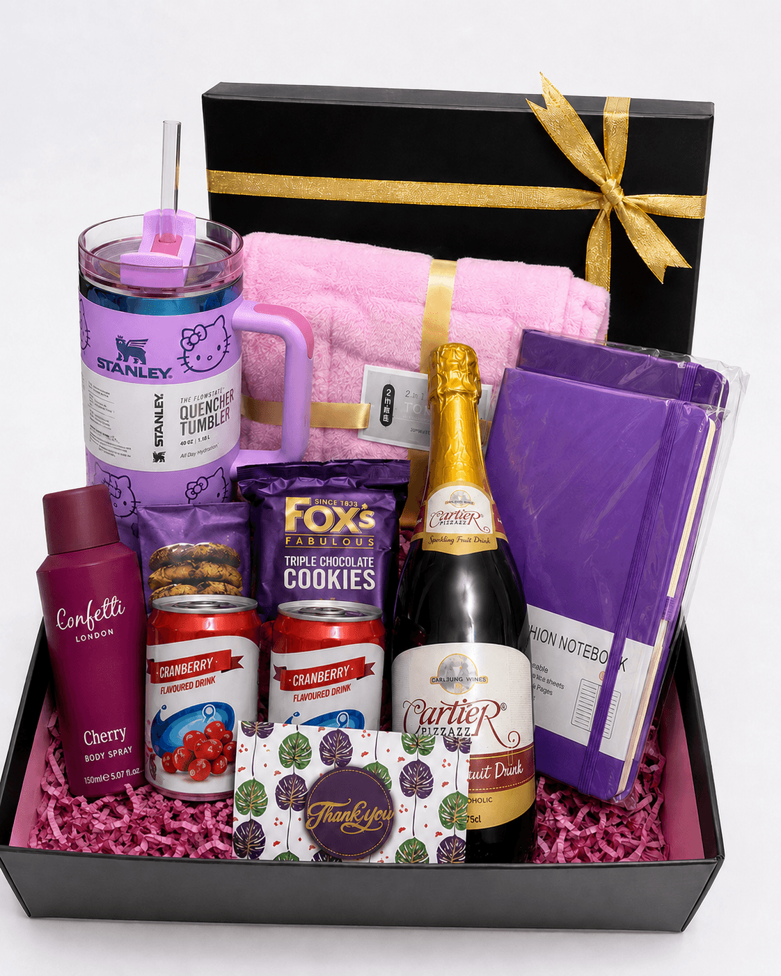 Trelluna For Her gift box with Stanley sippy cup, fluffy towel, customized journal, body spray, chocolate, cookies, canned juice and decor box
