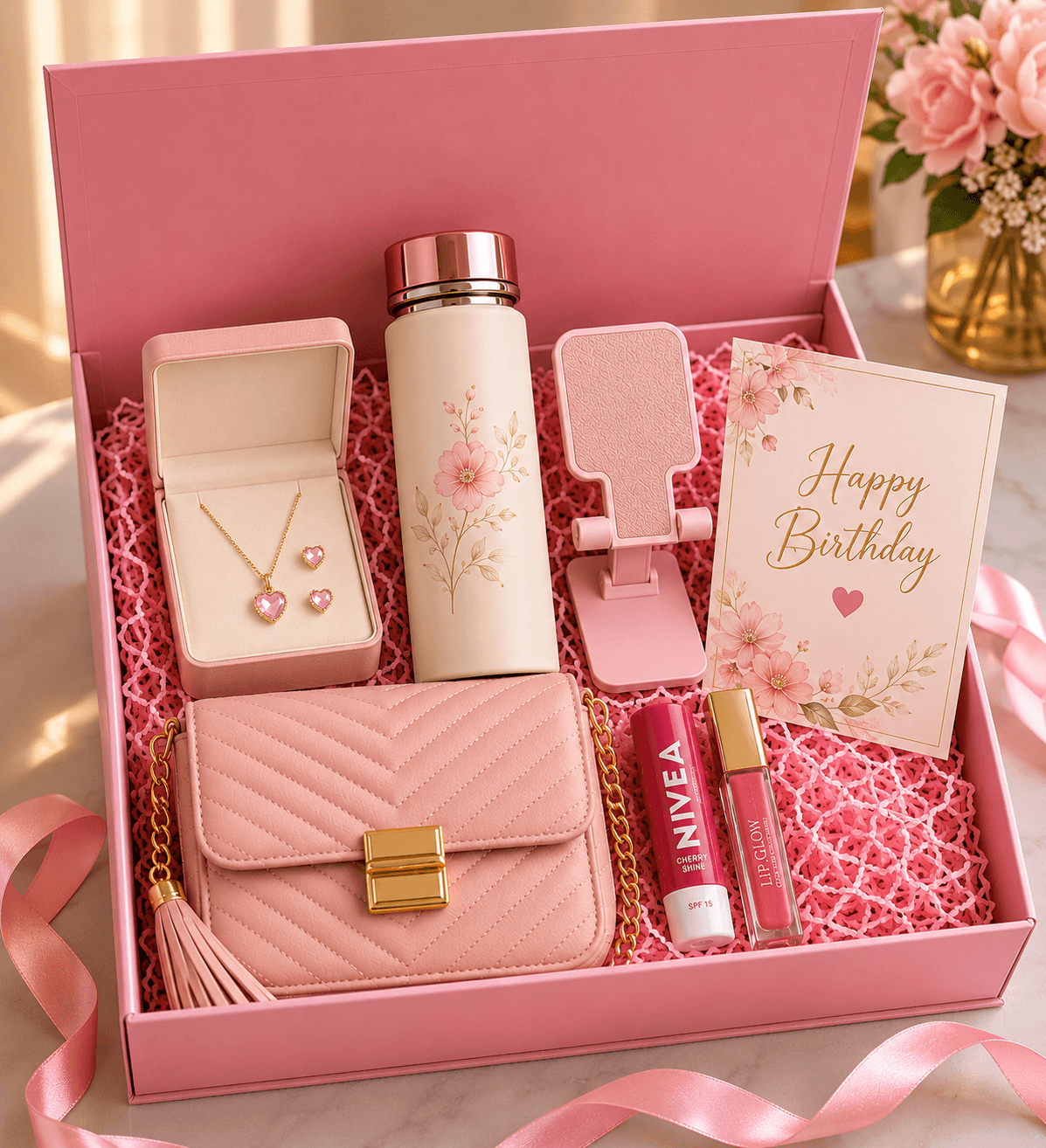 For Her Gift Box with Jewelry, Fashion Handbag, Temperature Flasks and Lip Care