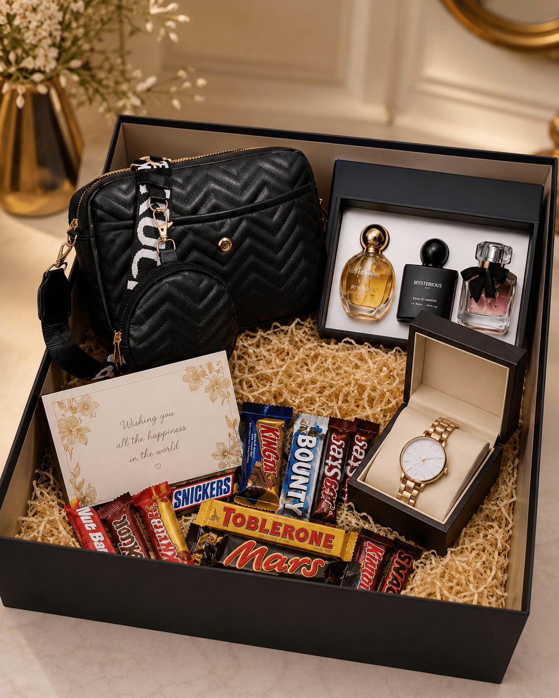 Trelluna For Her gift box with purse, perfume set, wristwatch, chocolates, card and decor box