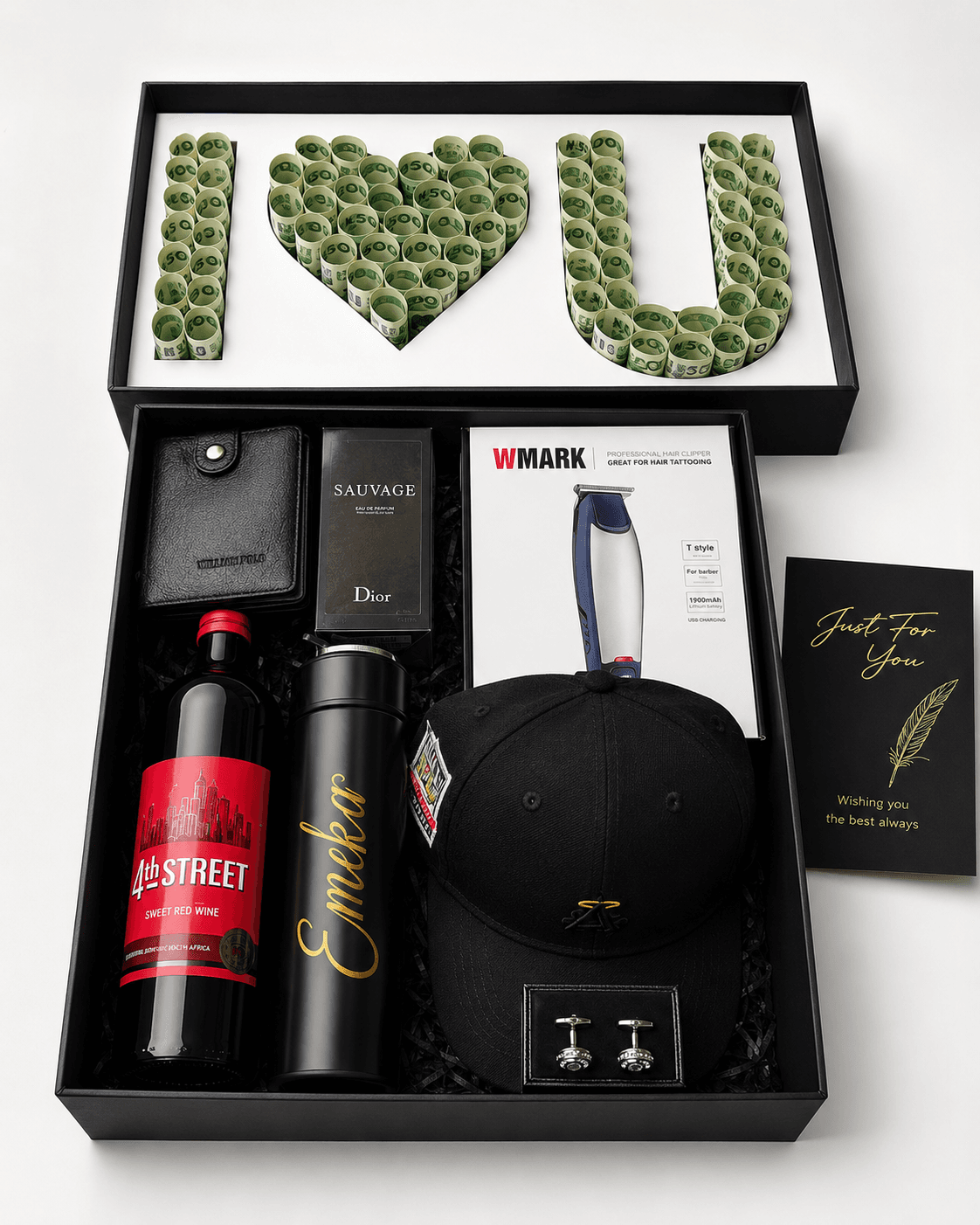 For Him I Love You Money Box with Wallet, Clipper, Perfume and Customized Flasks